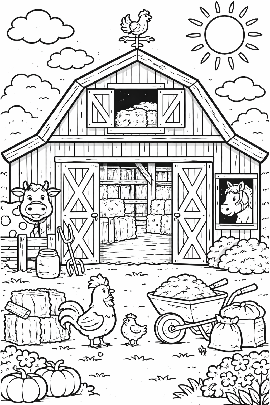 Children's coloring page with a barn and farm animals