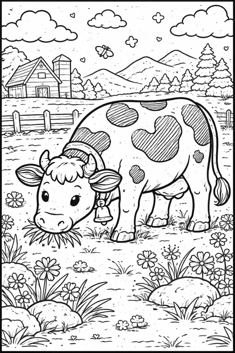 A charming farm scene with a cute cow grazing in a meadow. A barn and silo stand in the background alongside trees and hills. Kids can color the detailed flowers and butterflies decorating the scenic landscape.