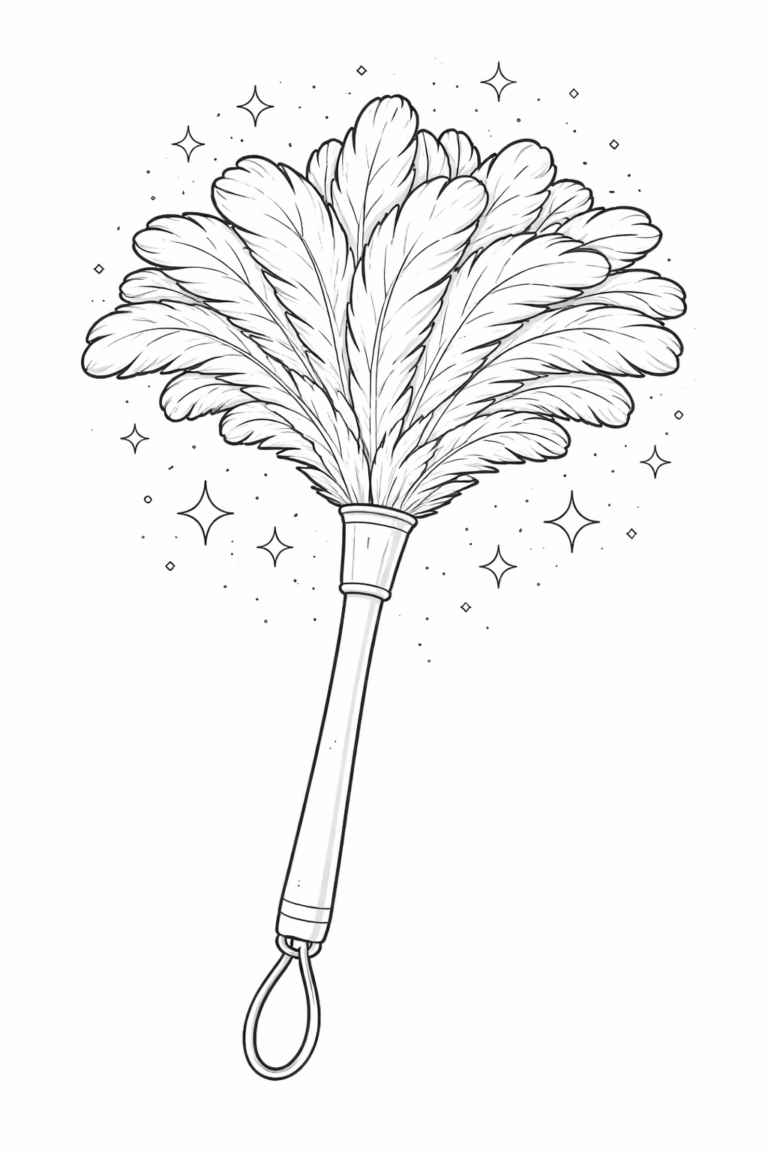 A whimsical feather duster with fluffy feathers and twinkling stars in the background, perfect for coloring by children. It encourages creativity and fine motor skills in a fun and engaging way.
