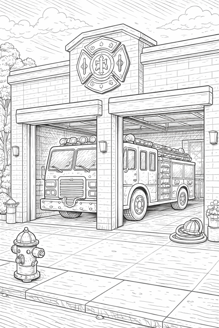 Fire station with a fire truck coloring page