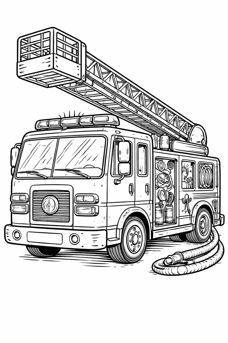 A detailed fire truck coloring page with a fire engine, extended ladder, and various equipment. Perfect for children to explore creativity and practice fine motor skills through coloring. Encourages imaginative play and learning about emergency vehicles.