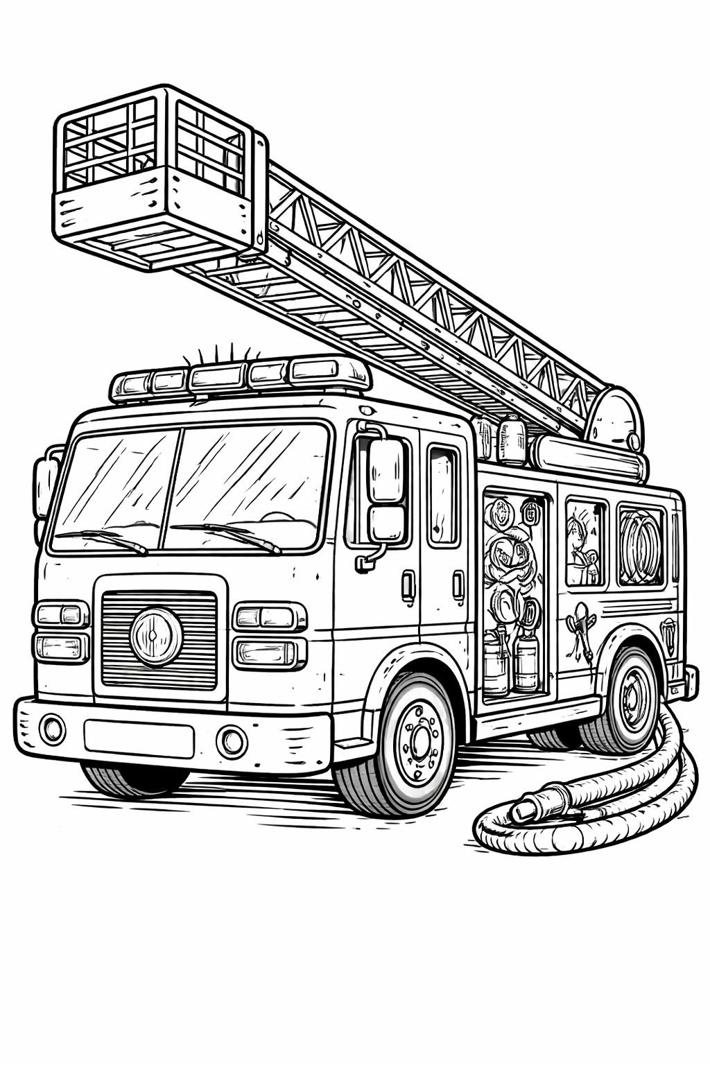 A detailed fire truck coloring page with a fire engine, extended ladder, and various equipment. Perfect for children to explore creativity and practice fine motor skills through coloring. Encourages imaginative play and learning about emergency vehicles.