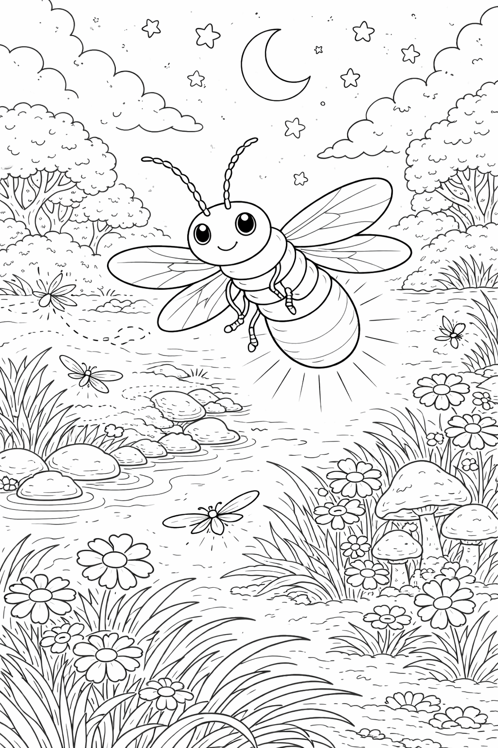 A whimsical firefly coloring page for children featuring a smiling firefly lighting up a peaceful pond scene. Surrounded by lush grass, flowers, and mushrooms, this enchanting setting invites exploration under a starry night sky. Perfect for sparking creativity in young artists.