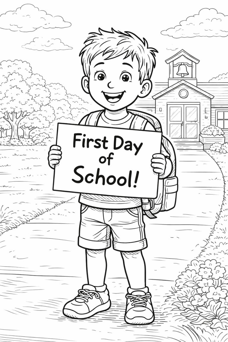 Child holding a 'First Day of School' sign in front of school building