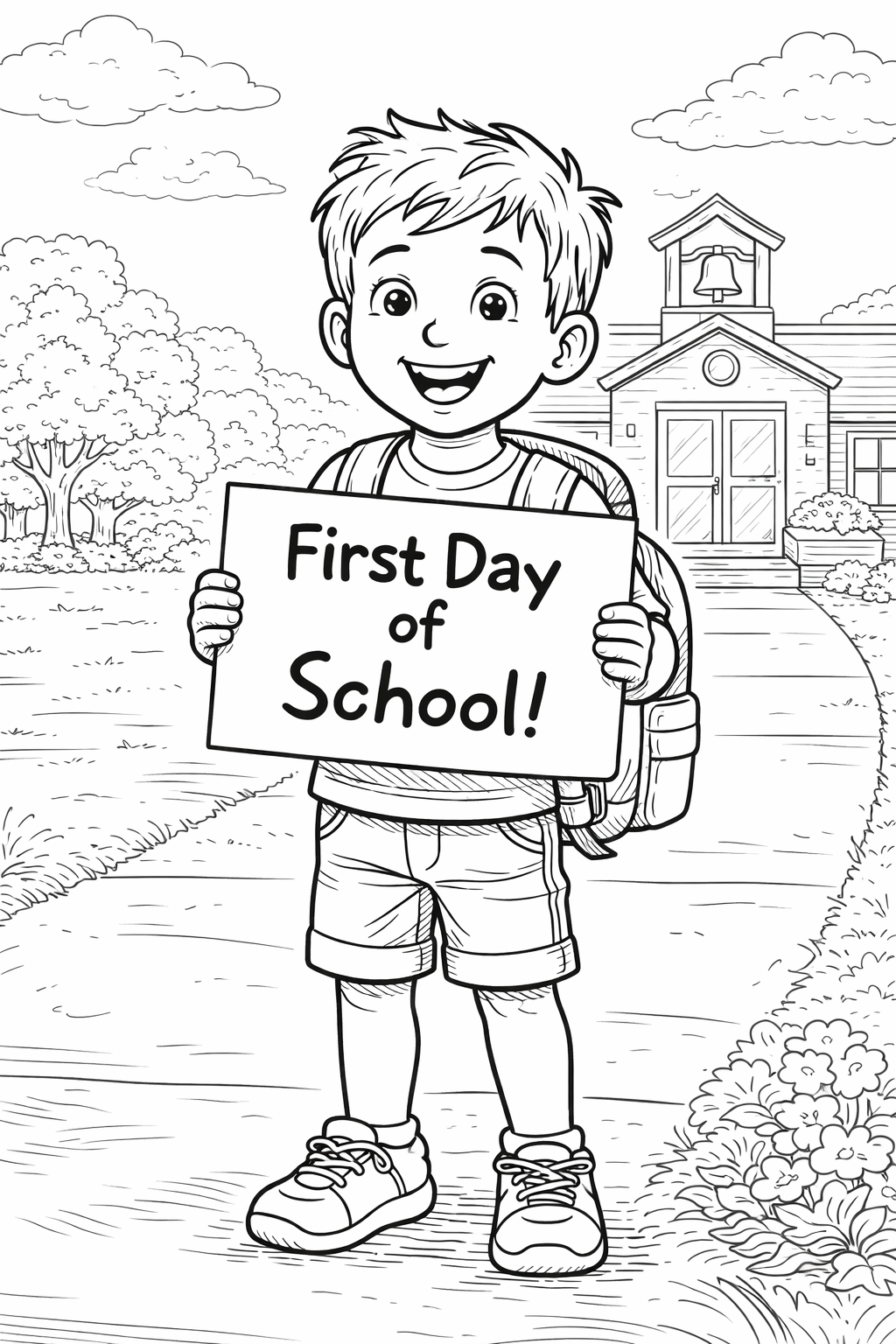 Child holding a 'First Day of School' sign in front of school building