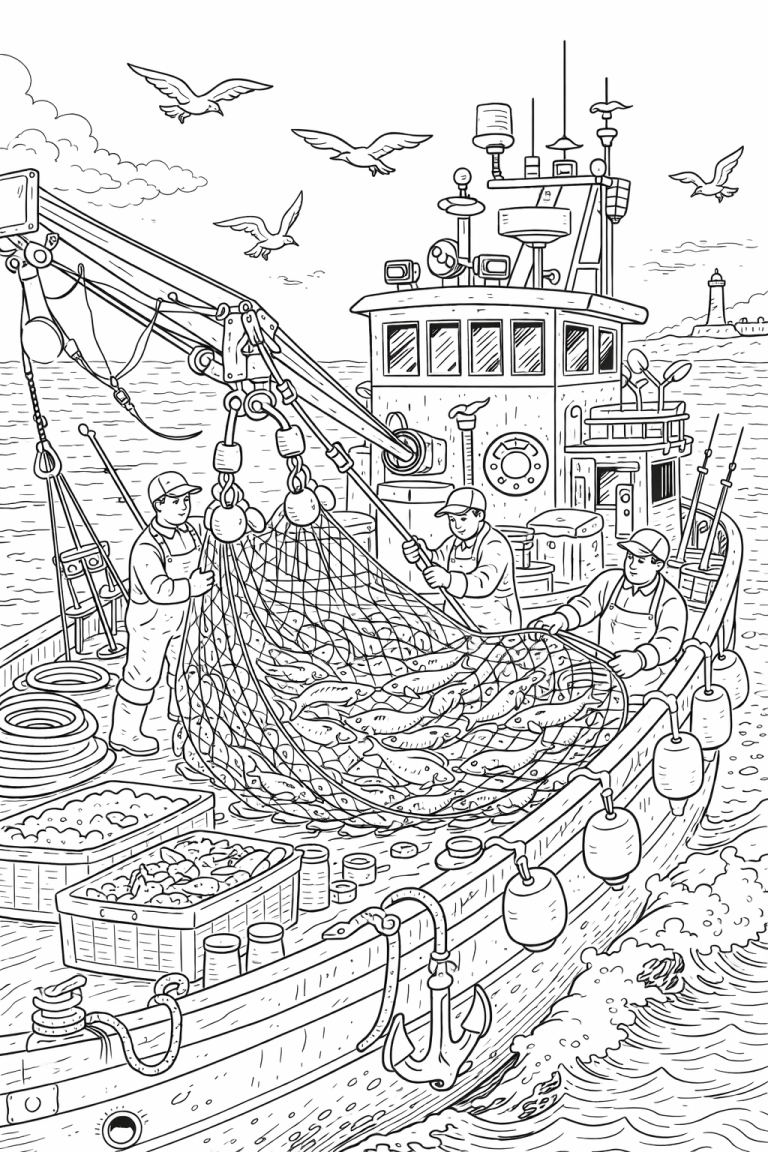 Fishing boat coloring page with fishermen and nets.