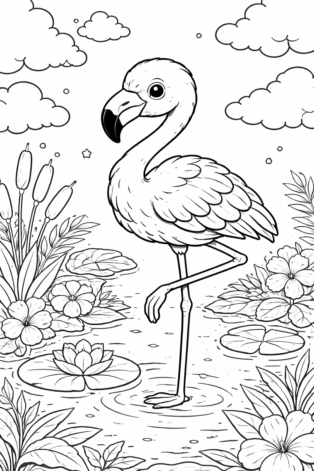 Flamingo standing in water with lilies and plants