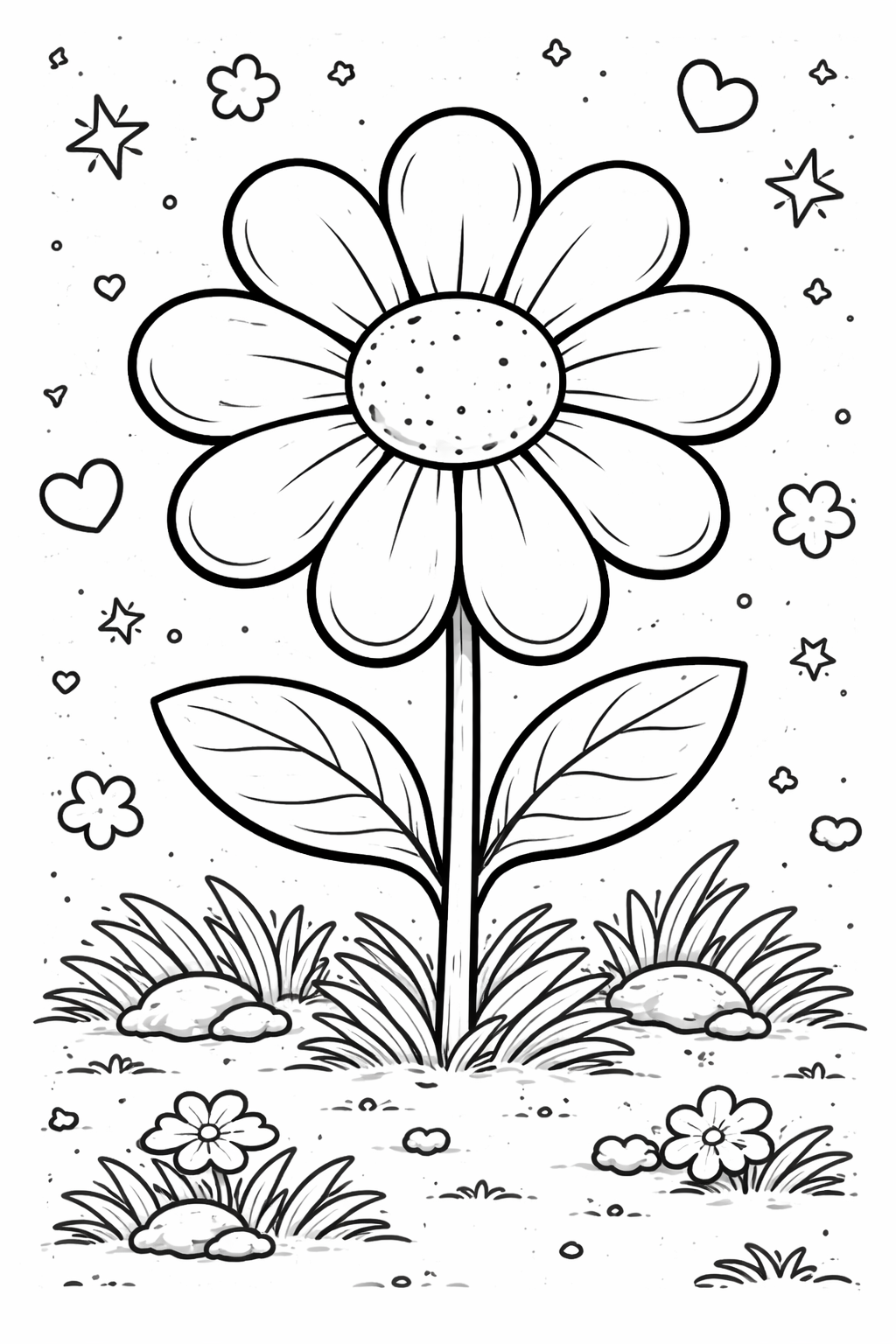A large flower with broad petals in a whimsical setting. Hearts, stars, and small flowers add charm. Perfect for children's coloring activities.