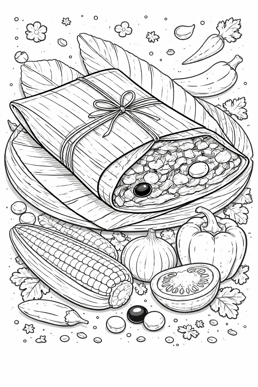 A detailed food bundle wrapped in leaves with surrounding vegetables including corn, onions, and tomatoes. The intricate design encourages creativity and learning about different foods. Ideal for children to explore hues and develop artistic skills.