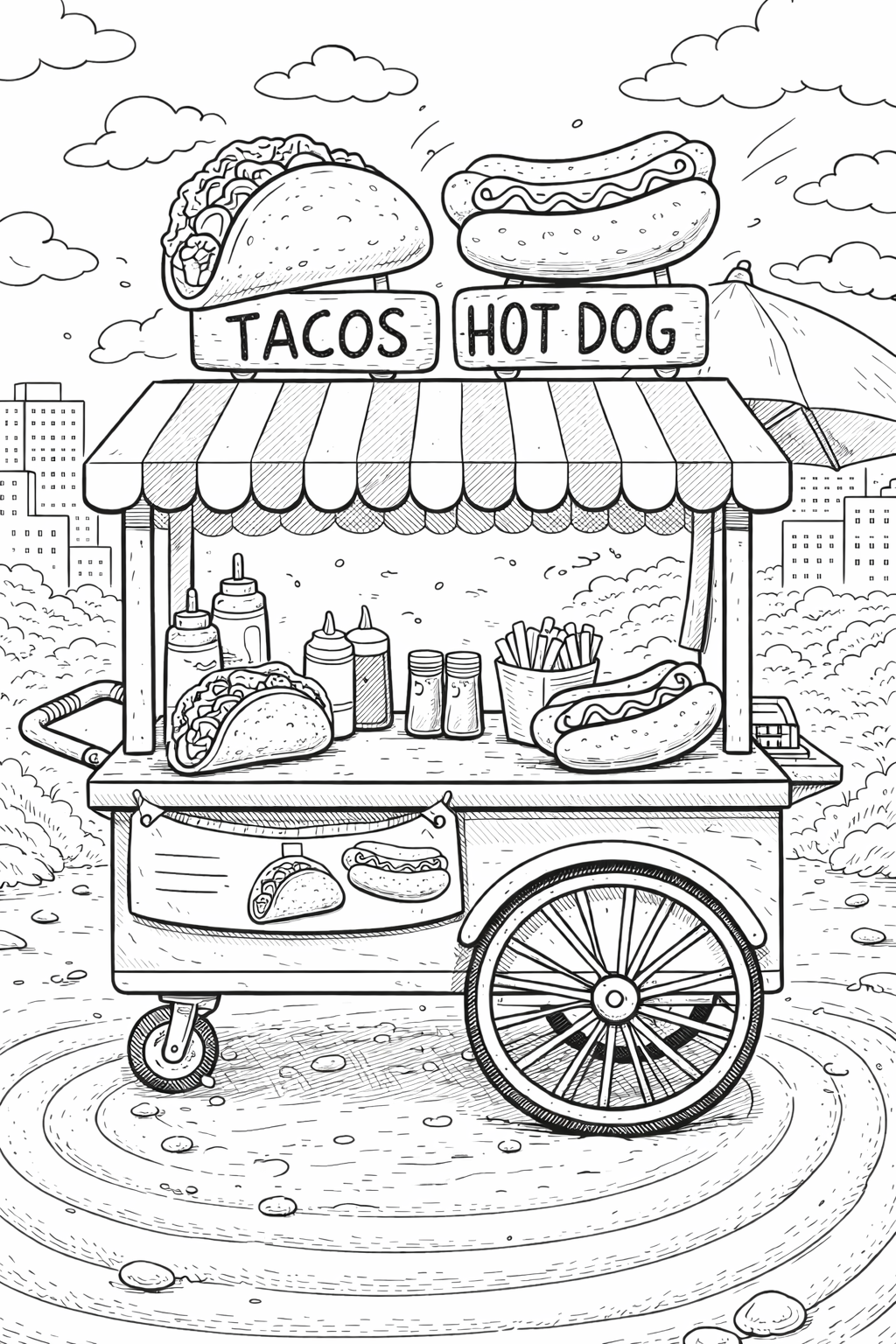 Children's coloring page of a food cart with tacos and hot dogs