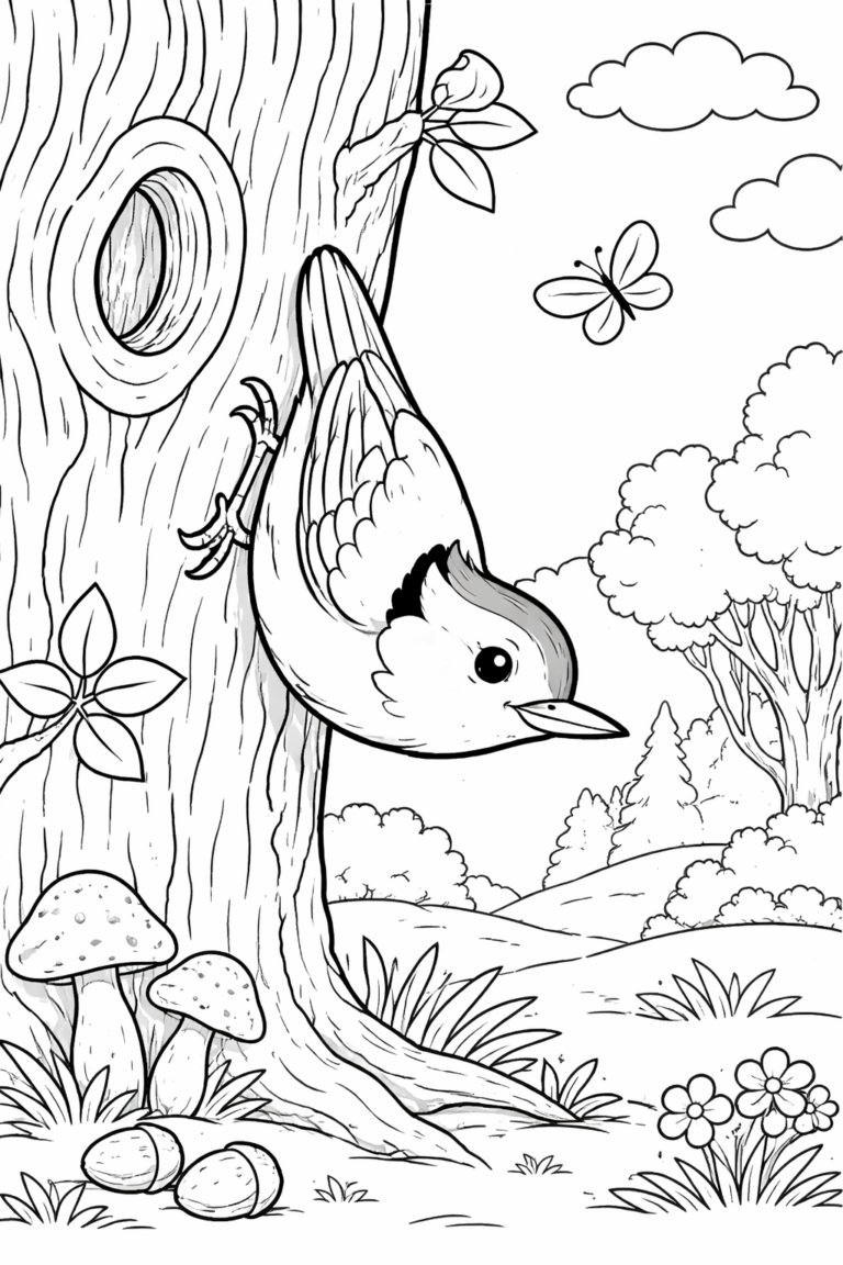 A charming bird clinging to a tree with detailed background elements like butterflies, clouds, and forest trees, inviting creative coloring.