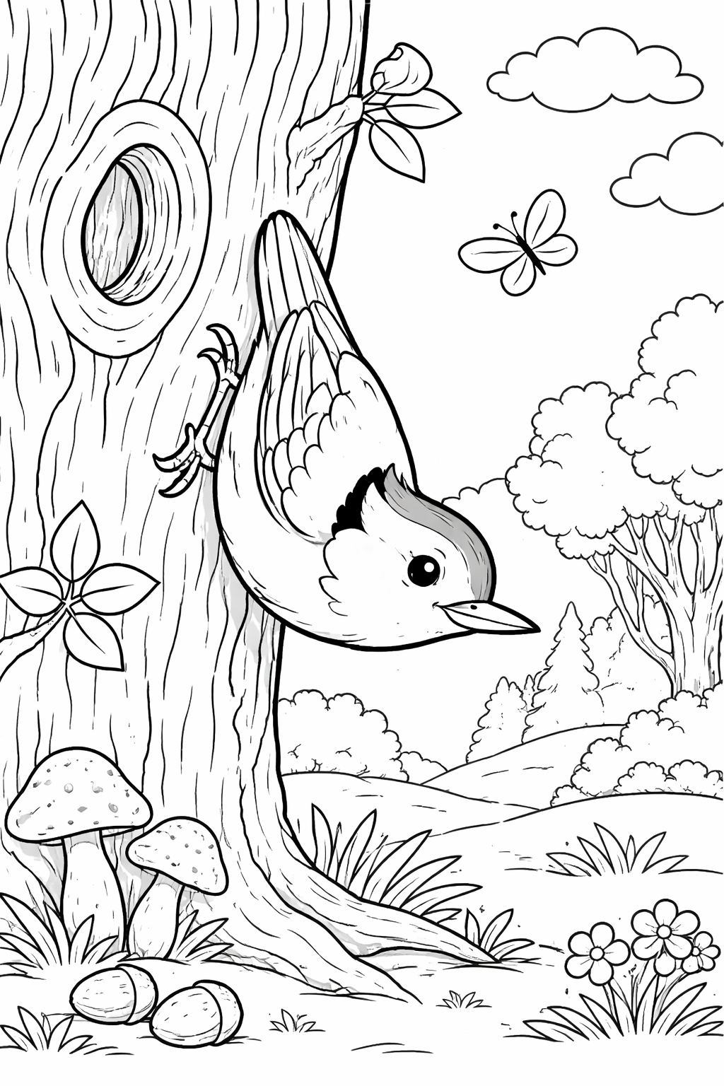 A charming bird clinging to a tree with detailed background elements like butterflies, clouds, and forest trees, inviting creative coloring.