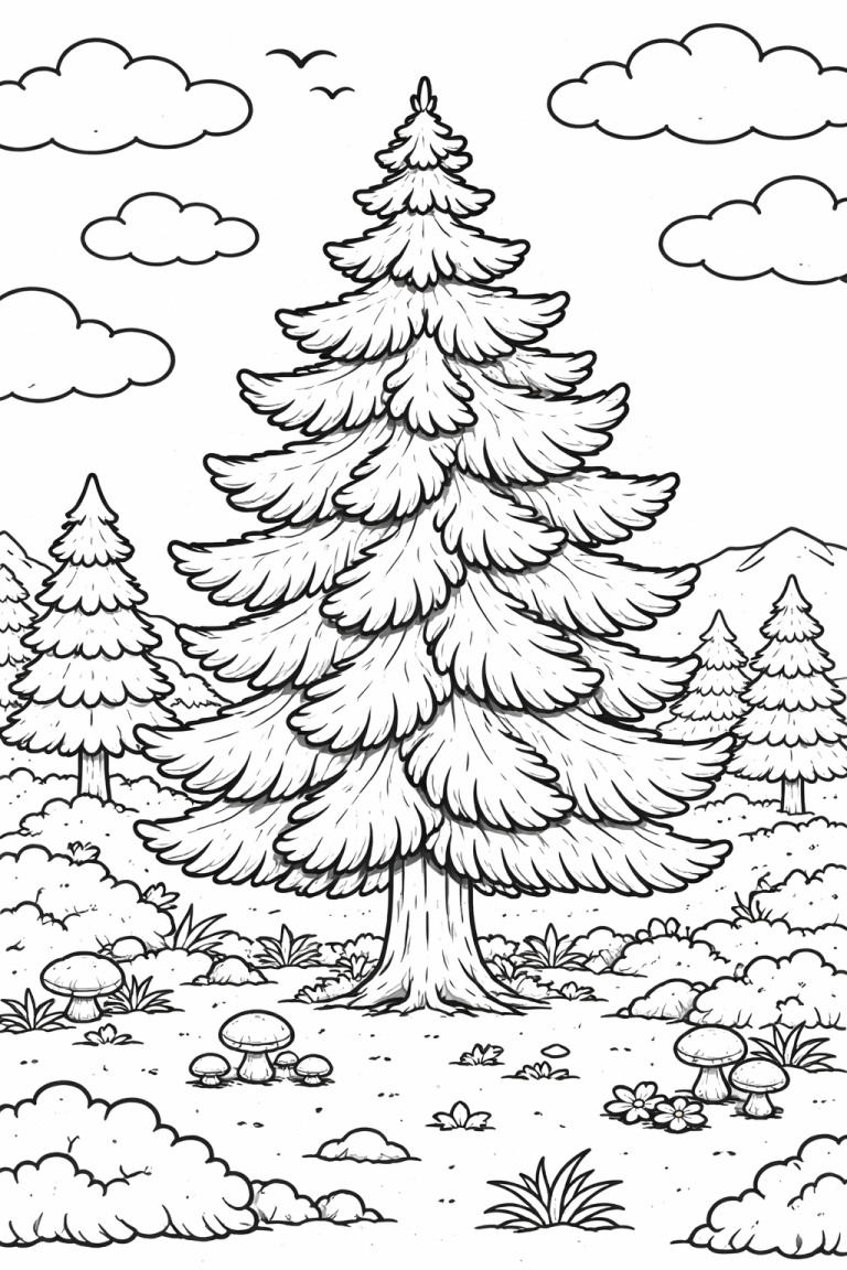 A detailed coloring page of a peaceful forest landscape. Tall evergreen trees stand amidst gentle hills, with fluffy clouds in the sky. Mushrooms and small plants grow around, creating a serene natural scene for children to color.