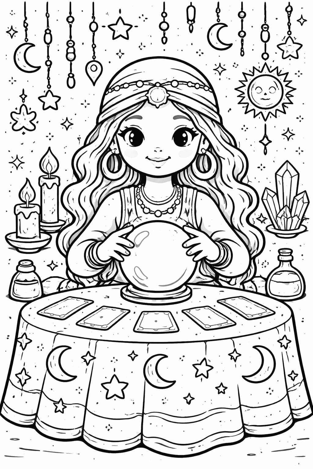 A young fortune teller at a table with a crystal ball, surrounded by stars, moons, cards, crystals, and candles, offering a mystical scene for children to color.