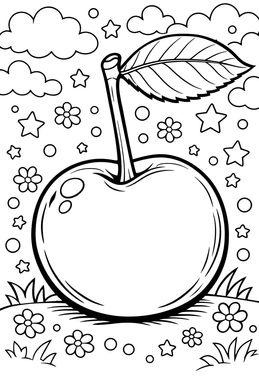 An apple with a leaf in a whimsical background of stars, flowers, and clouds. Ideal for children to add their creative colors to this playful scene.