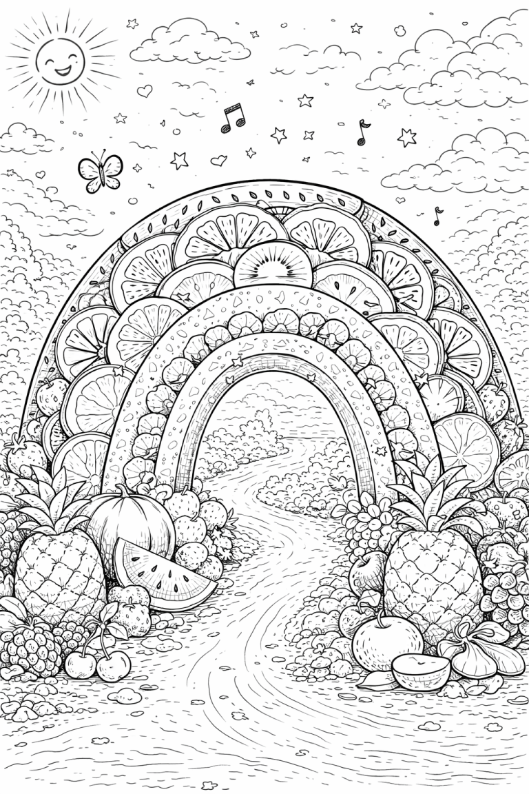 A children's coloring page with a large fruit-themed rainbow. It showcases a playful landscape filled with pineapples, watermelons, and cherries, set beneath a smiling sun and whimsical musical notes, perfect for colorful creativity.