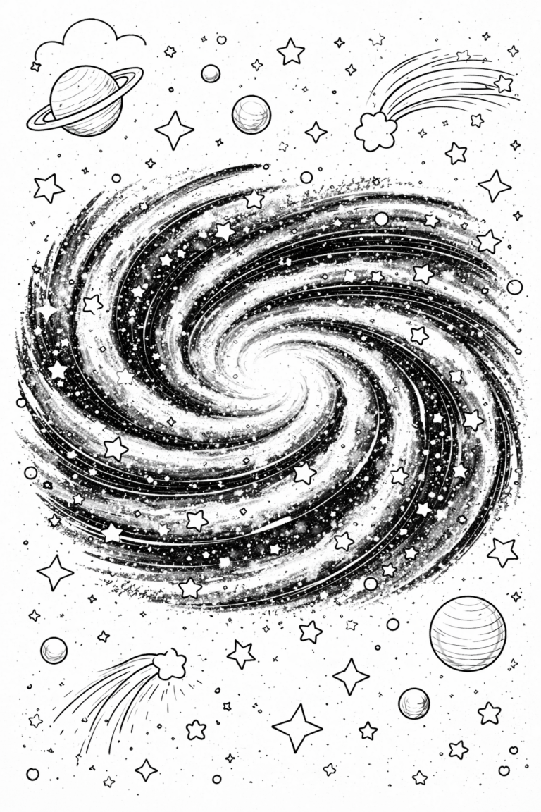 A mesmerizing galaxy coloring page with a swirling spiral galaxy design filled with stars and planets. Shooting stars travel across the scene, creating an exciting space adventure for children to color.
