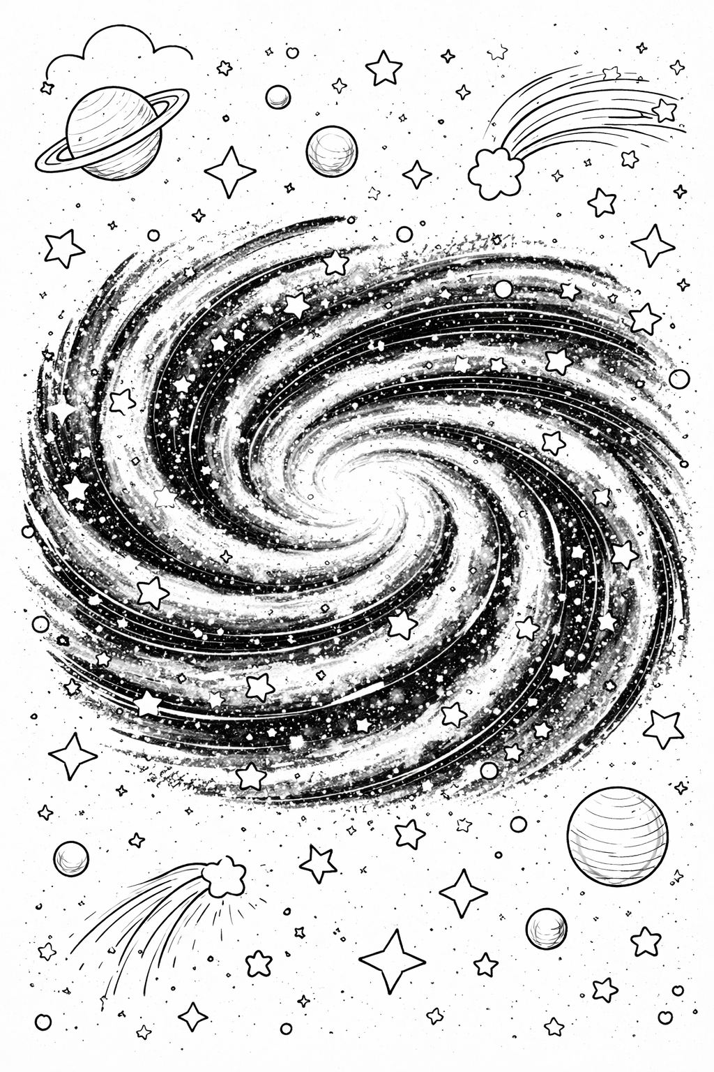 A mesmerizing galaxy coloring page with a swirling spiral galaxy design filled with stars and planets. Shooting stars travel across the scene, creating an exciting space adventure for children to color.