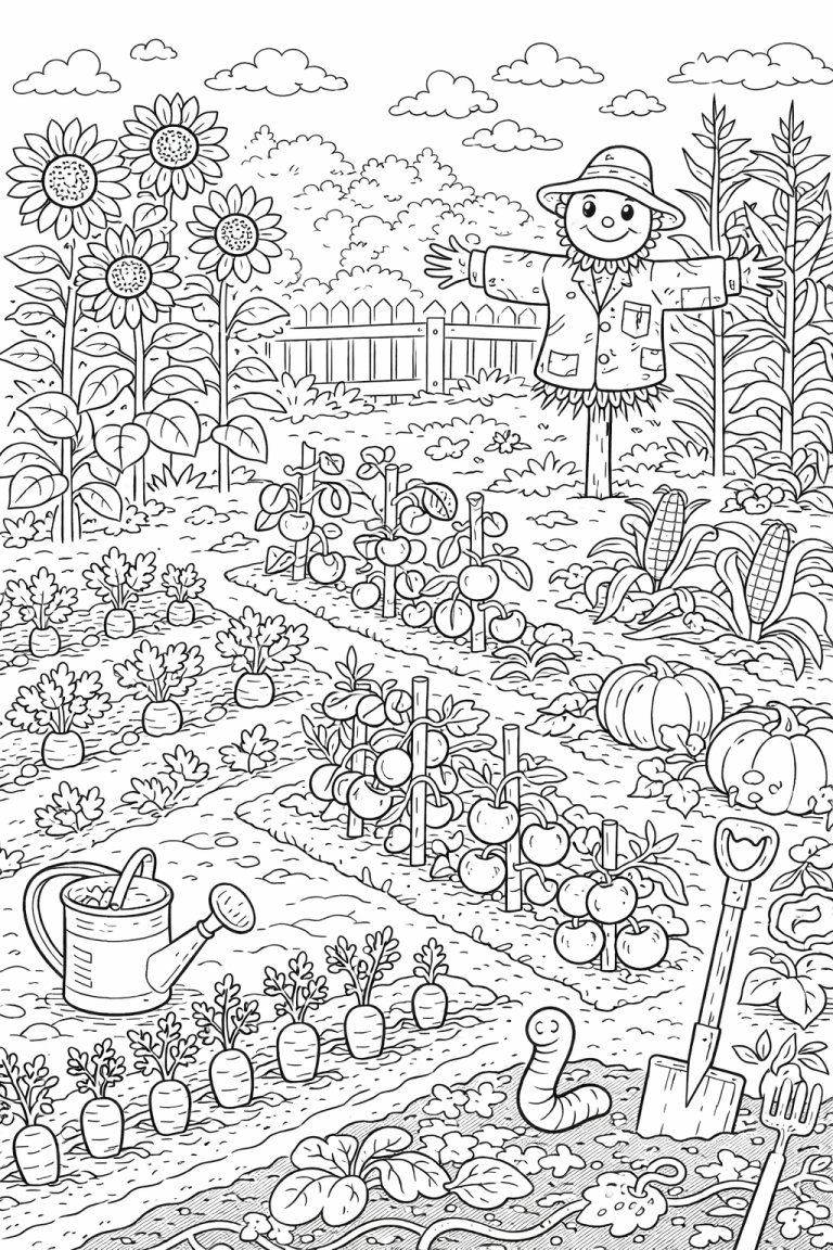 Children's garden coloring page with scarecrow