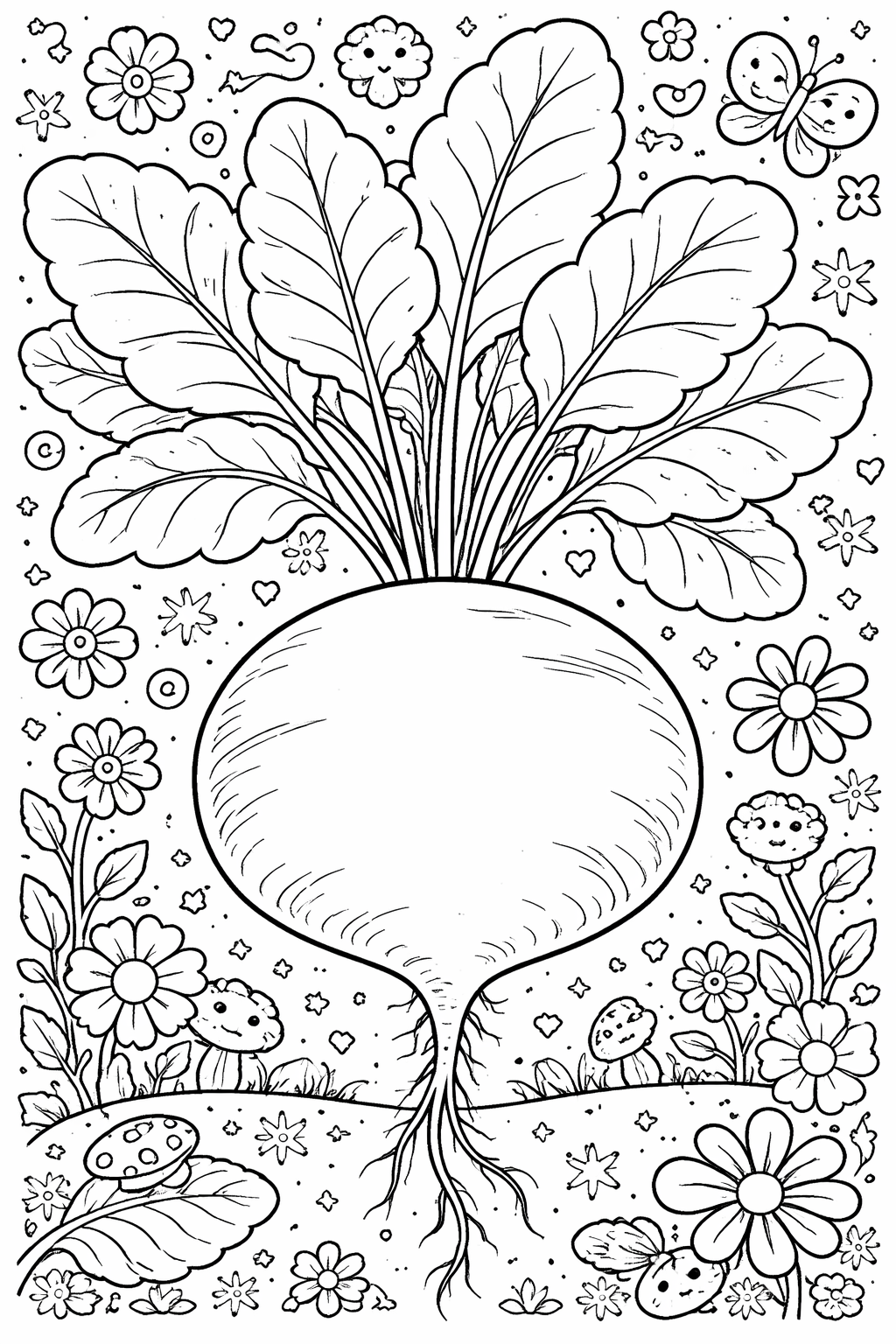 Illustration of a giant turnip with leafy greens, surrounded by cheerful flowers, mushrooms, and smiling insects, designed for children's coloring and creativity.