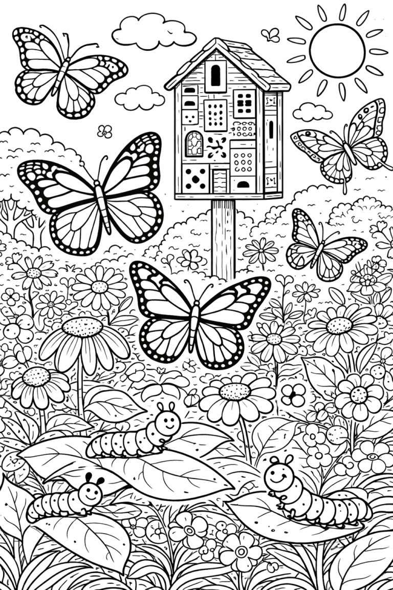 Coloring page of butterflies and caterpillars in a garden