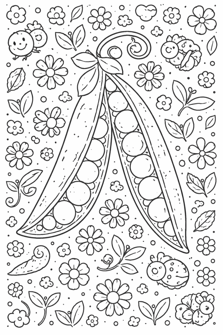 A charming children's coloring page showing peas in pods amidst a variety of flowers, leaves, and smiling bugs. Ideal for kids' creative activities.