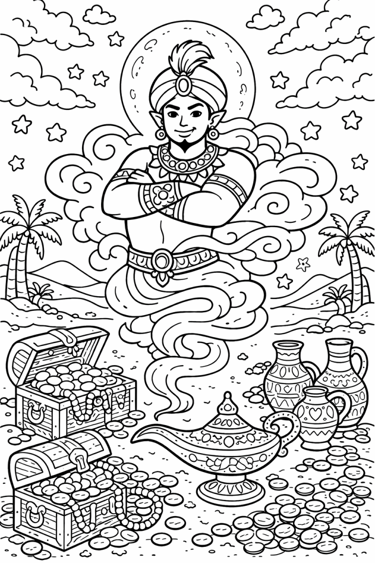 Genie emerging from lamp with treasures
