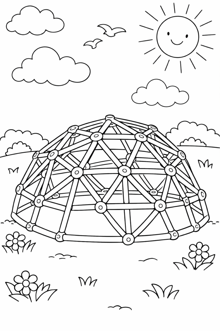 Children's coloring page depicting a geodesic dome in a sunny playground with clouds, birds, and flowers surrounding it, offering a creative and fun coloring experience.