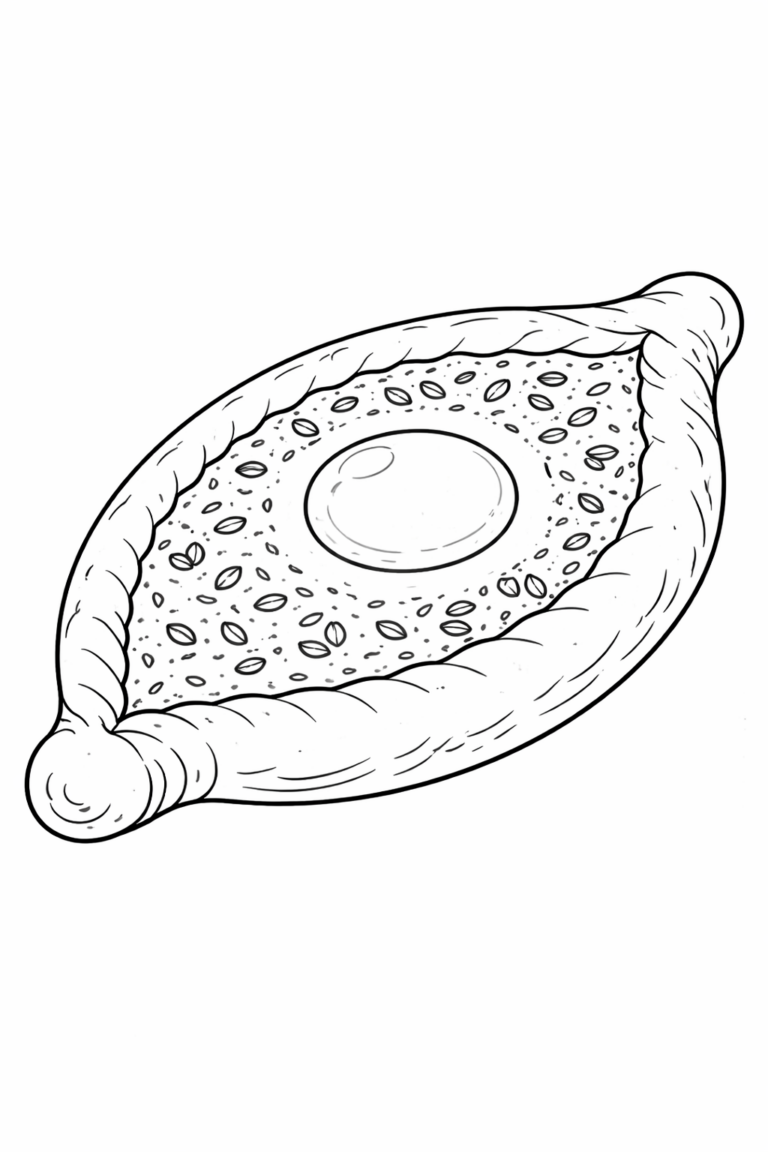 A detailed coloring page showcasing Georgian Khachapuri, featuring the iconic bread shape with an egg in the center, offering an engaging and educational activity for children interested in culinary arts.