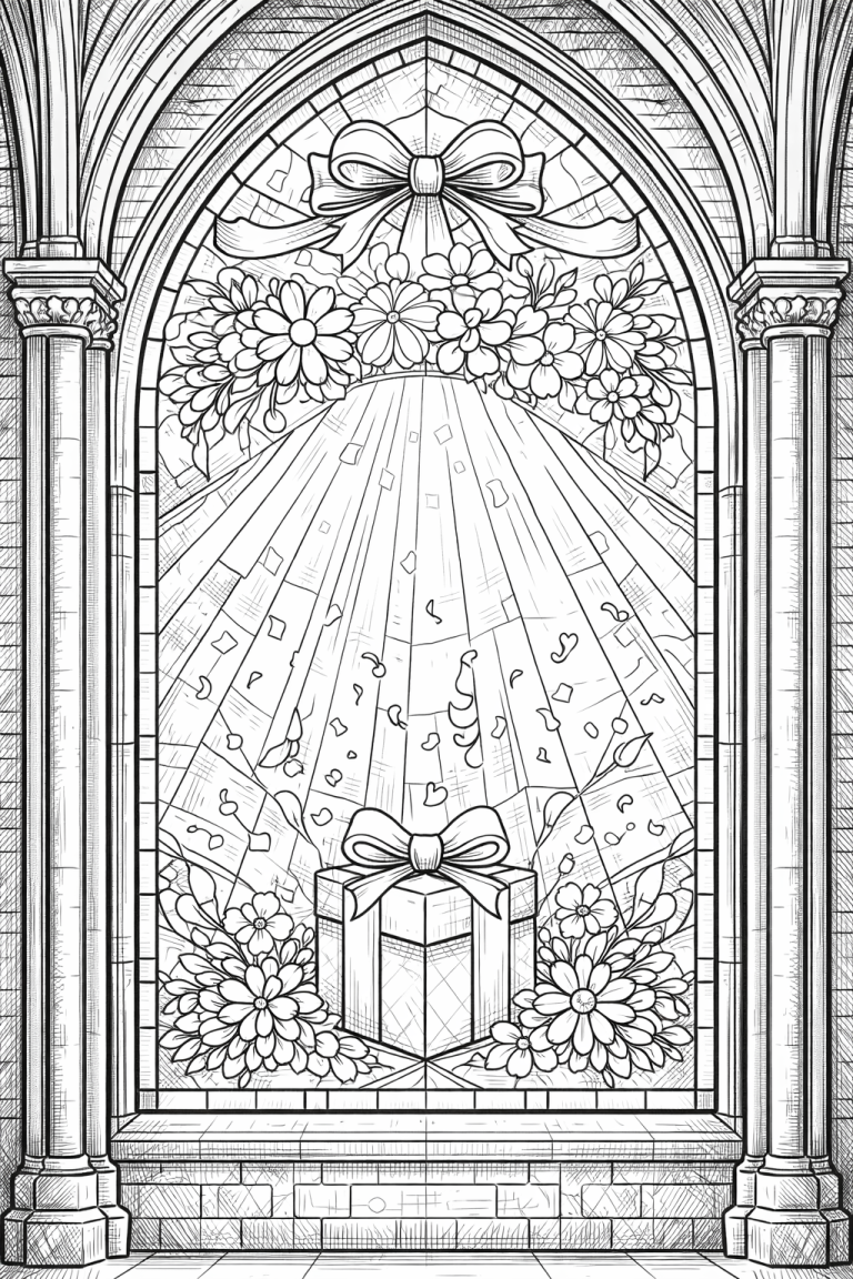 Gift coloring page with flowers and decorative window