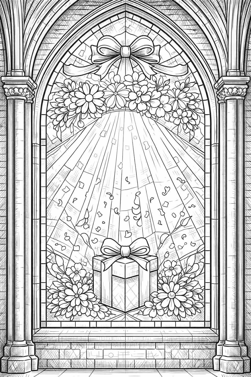 Gift coloring page with flowers and decorative window