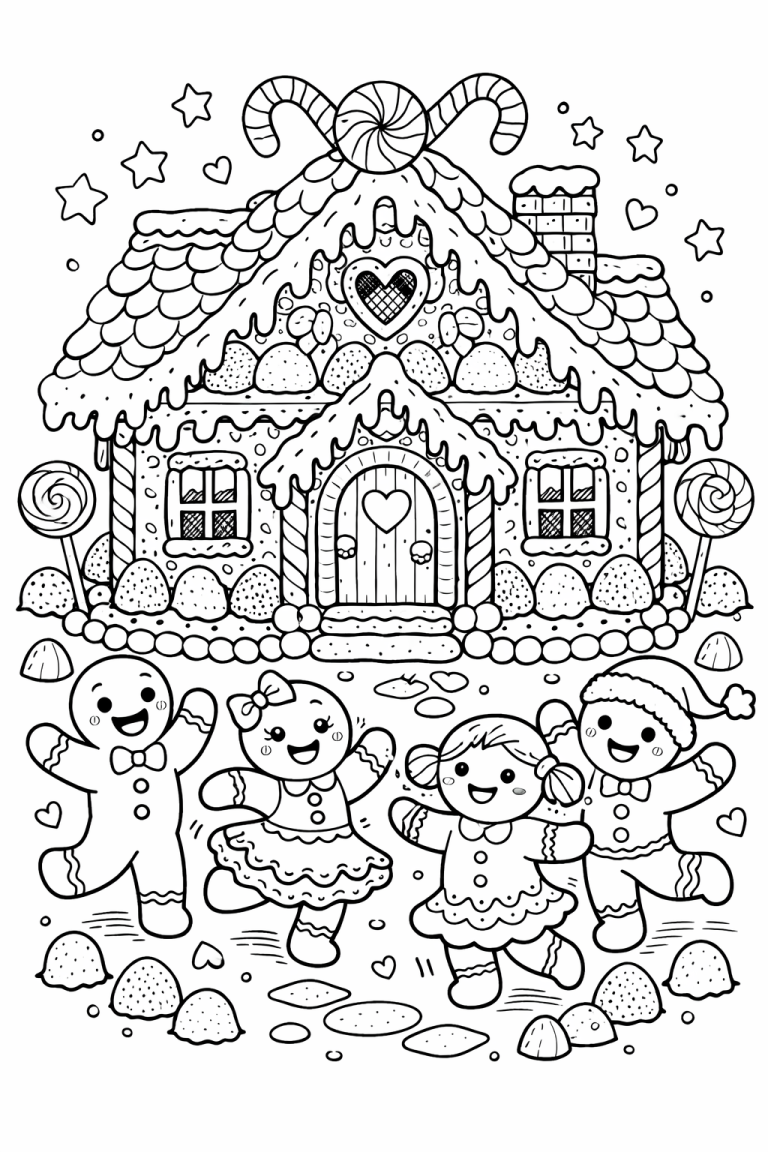 Color a charming gingerbread house with candy decor, surrounded by happy gingerbread people, stars, and candy shapes for a festive and creative activity.