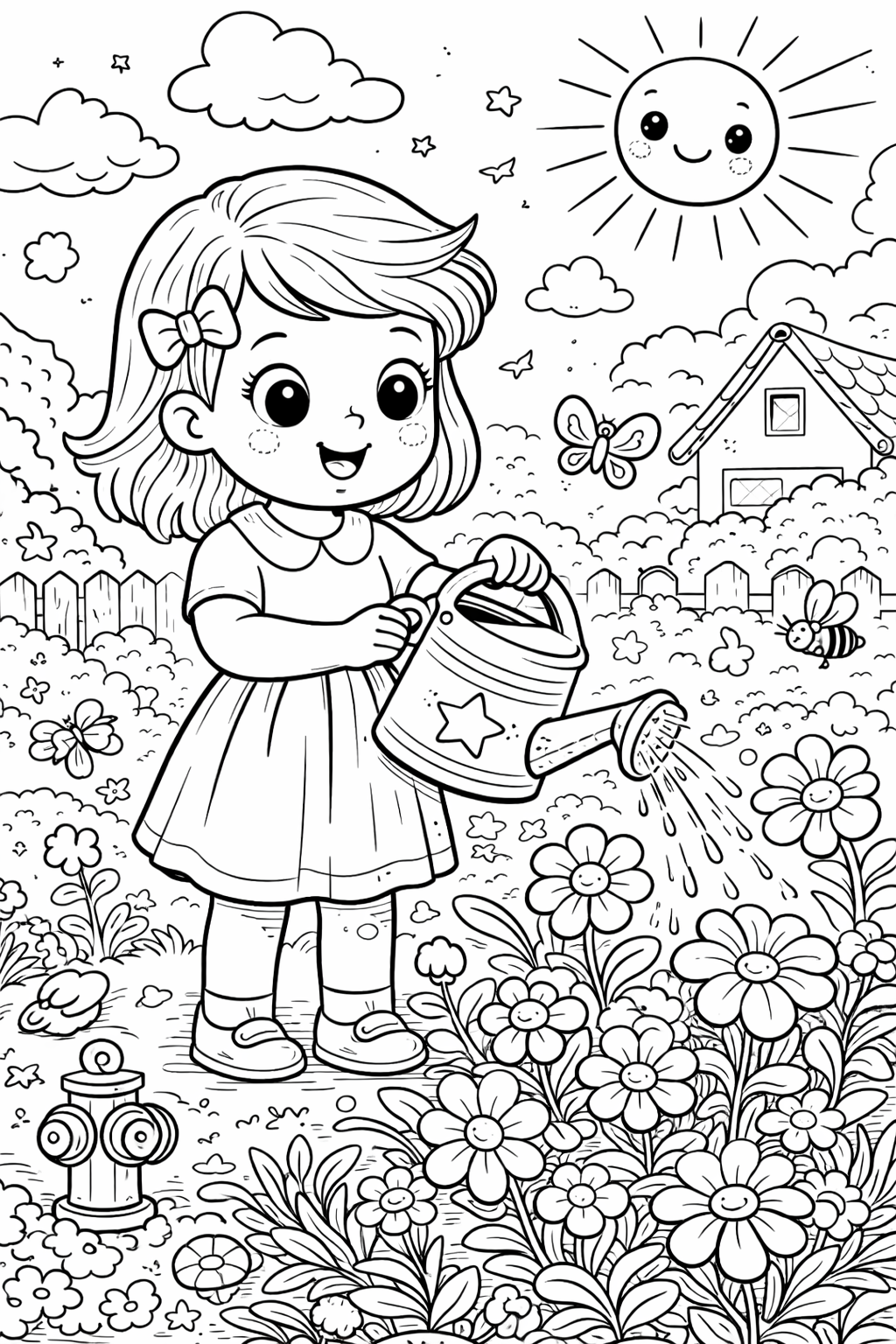 Girl watering flowers in a garden coloring page