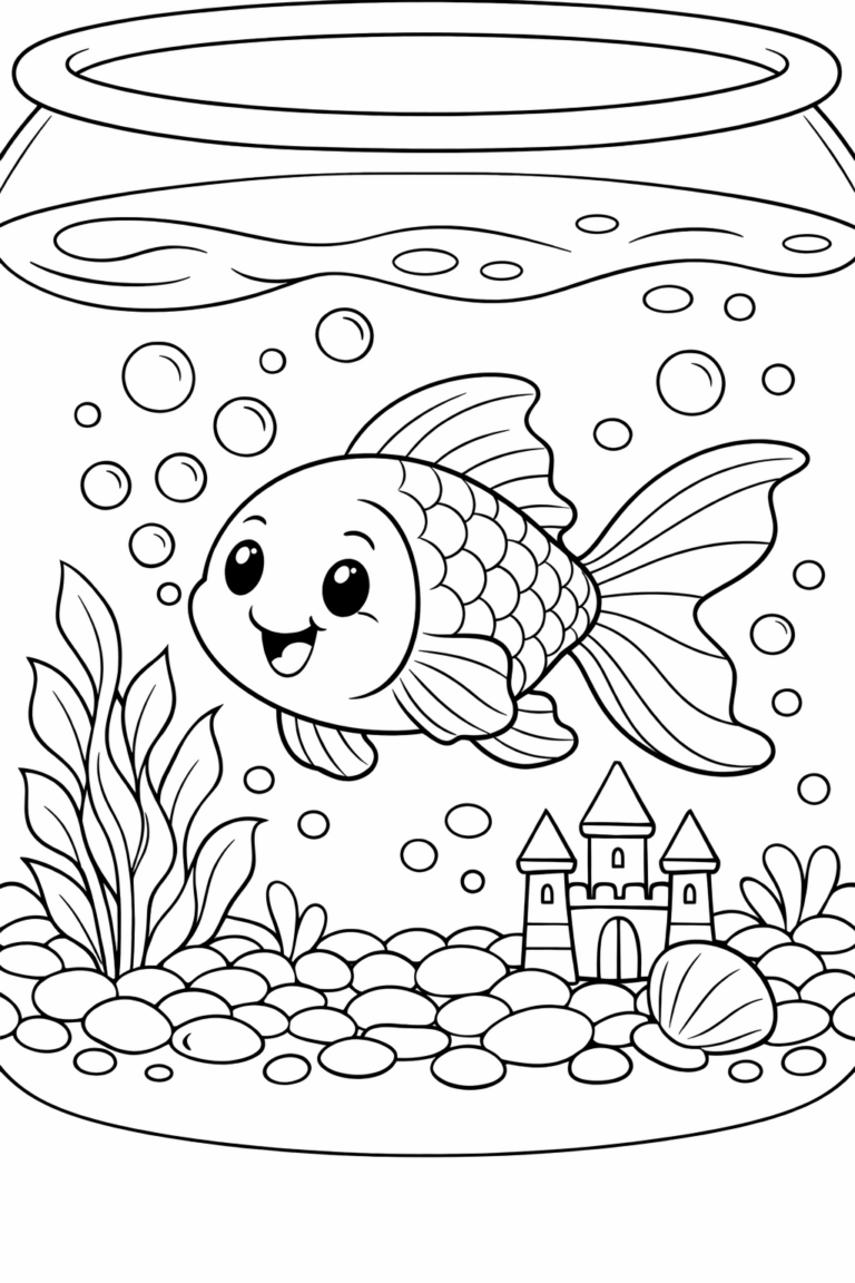 A delightful coloring page featuring a cheerful goldfish inside a fishbowl, surrounded by bubbles, aquatic plants, and a small, enchanting castle at the bottom.