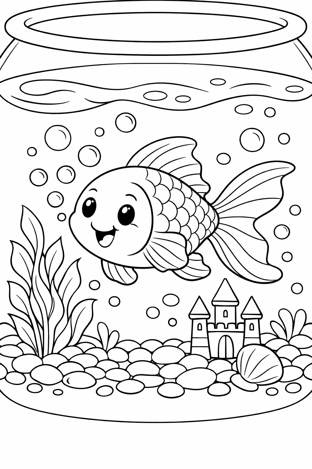 A delightful coloring page featuring a cheerful goldfish inside a fishbowl, surrounded by bubbles, aquatic plants, and a small, enchanting castle at the bottom.