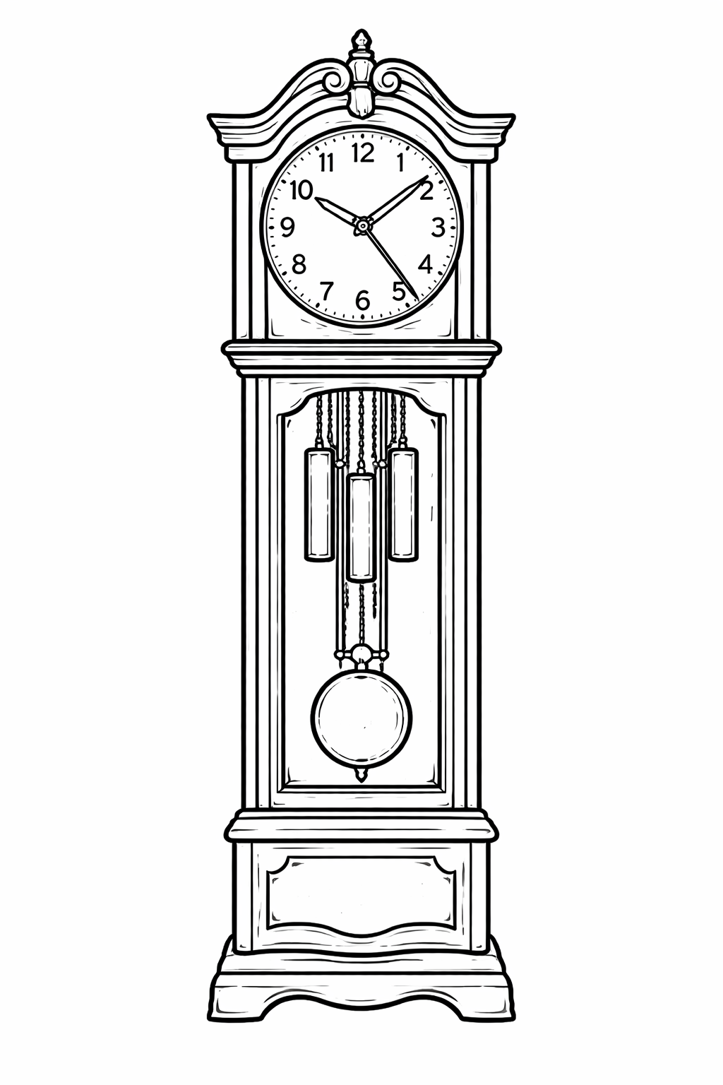 A detailed coloring page of a grandfather clock