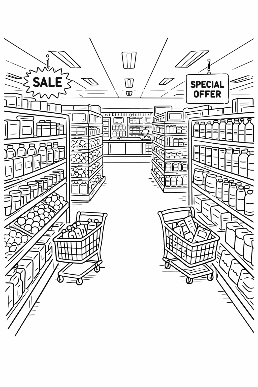 A detailed coloring page of a grocery store with shelves full of products, two shopping carts, and signs like 'sale' and 'special offer', offering a fun and educational coloring activity for children.