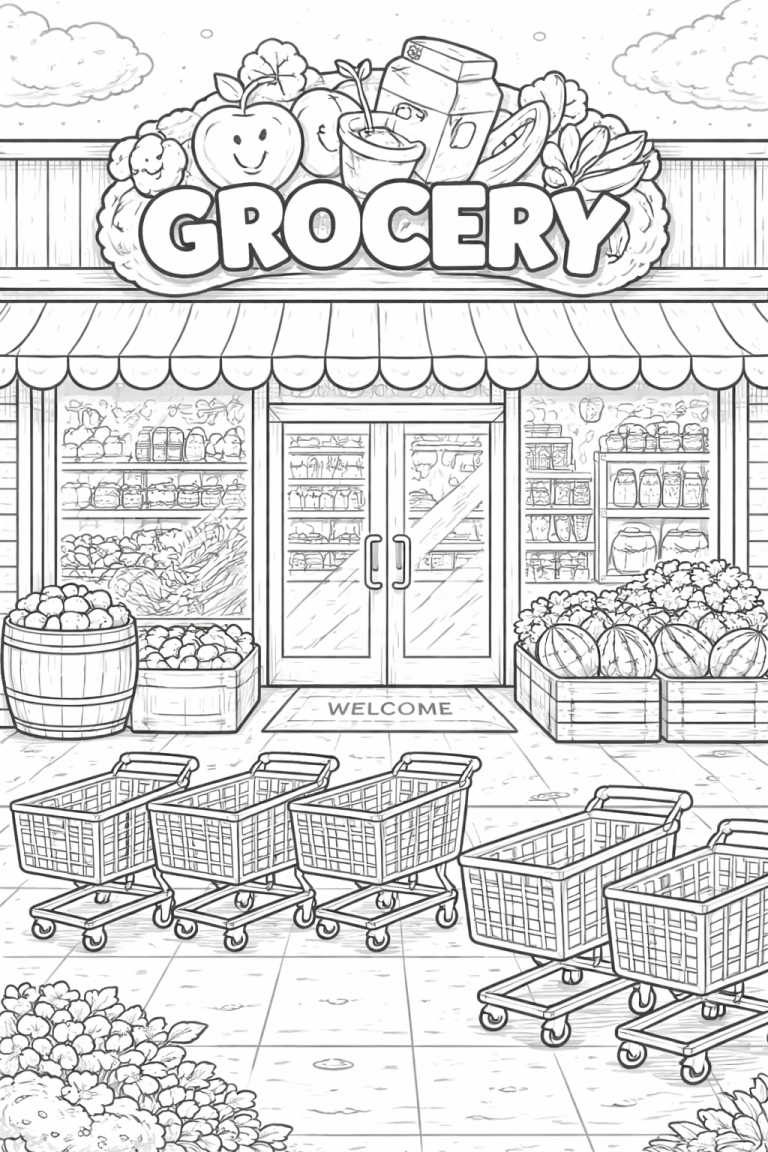 Children's grocery store coloring page with carts and produce.