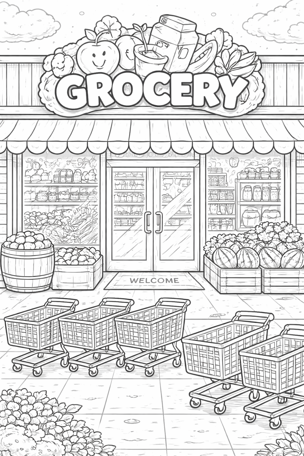 Children's grocery store coloring page with carts and produce.