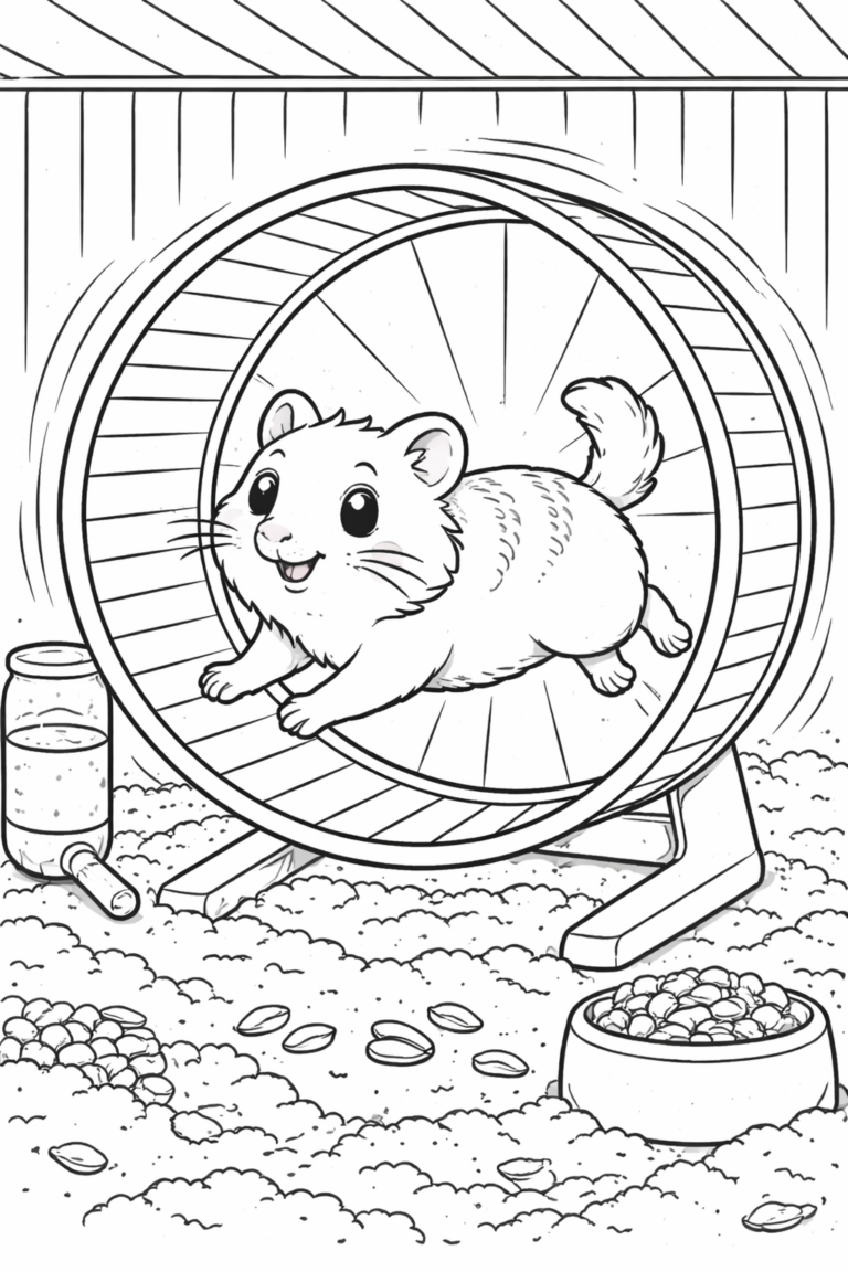 A delightful coloring page of a happy hamster running on its wheel with a food dish and water bottle, inviting kids to explore creativity.
