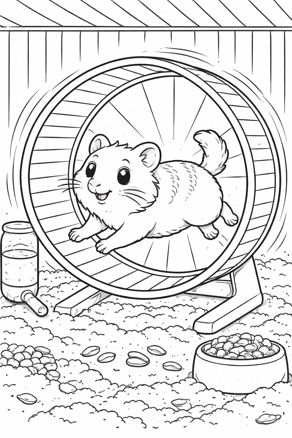 A delightful coloring page of a happy hamster running on its wheel with a food dish and water bottle, inviting kids to explore creativity.