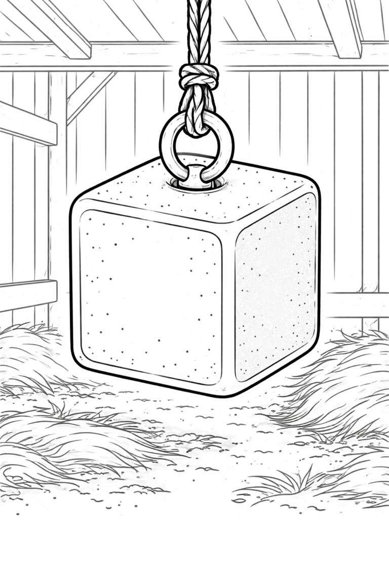 A children’s coloring page with a large cube hanging from a rope in a barn. The scene includes wooden beams and hay on the floor, providing a farm setting for children to creatively color.