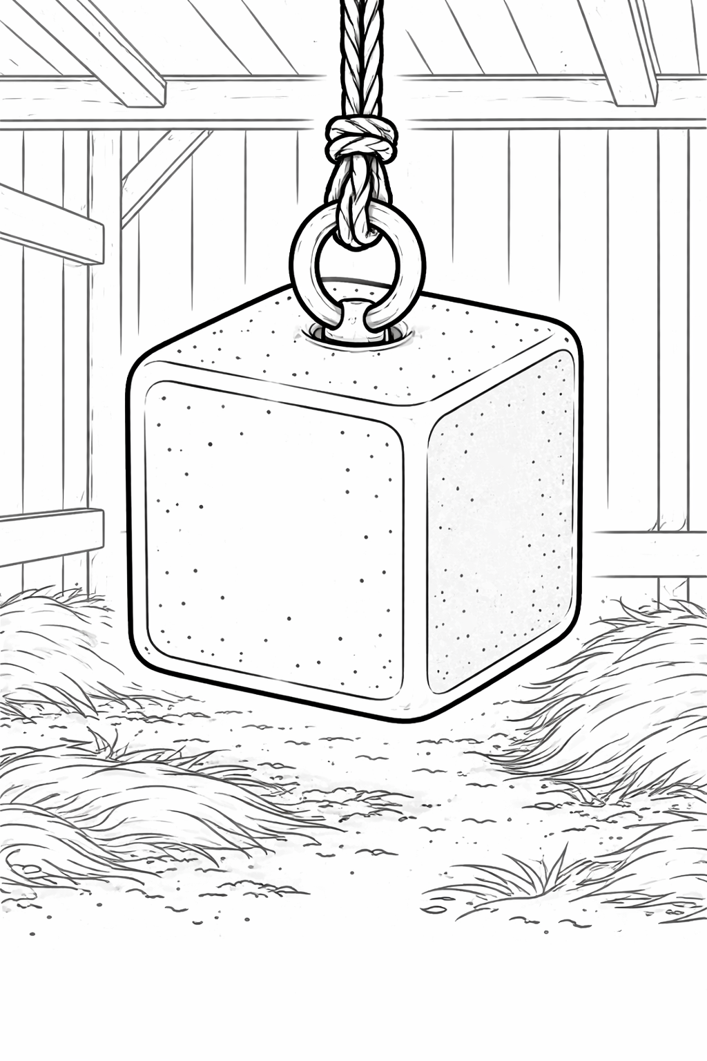 A children’s coloring page with a large cube hanging from a rope in a barn. The scene includes wooden beams and hay on the floor, providing a farm setting for children to creatively color.