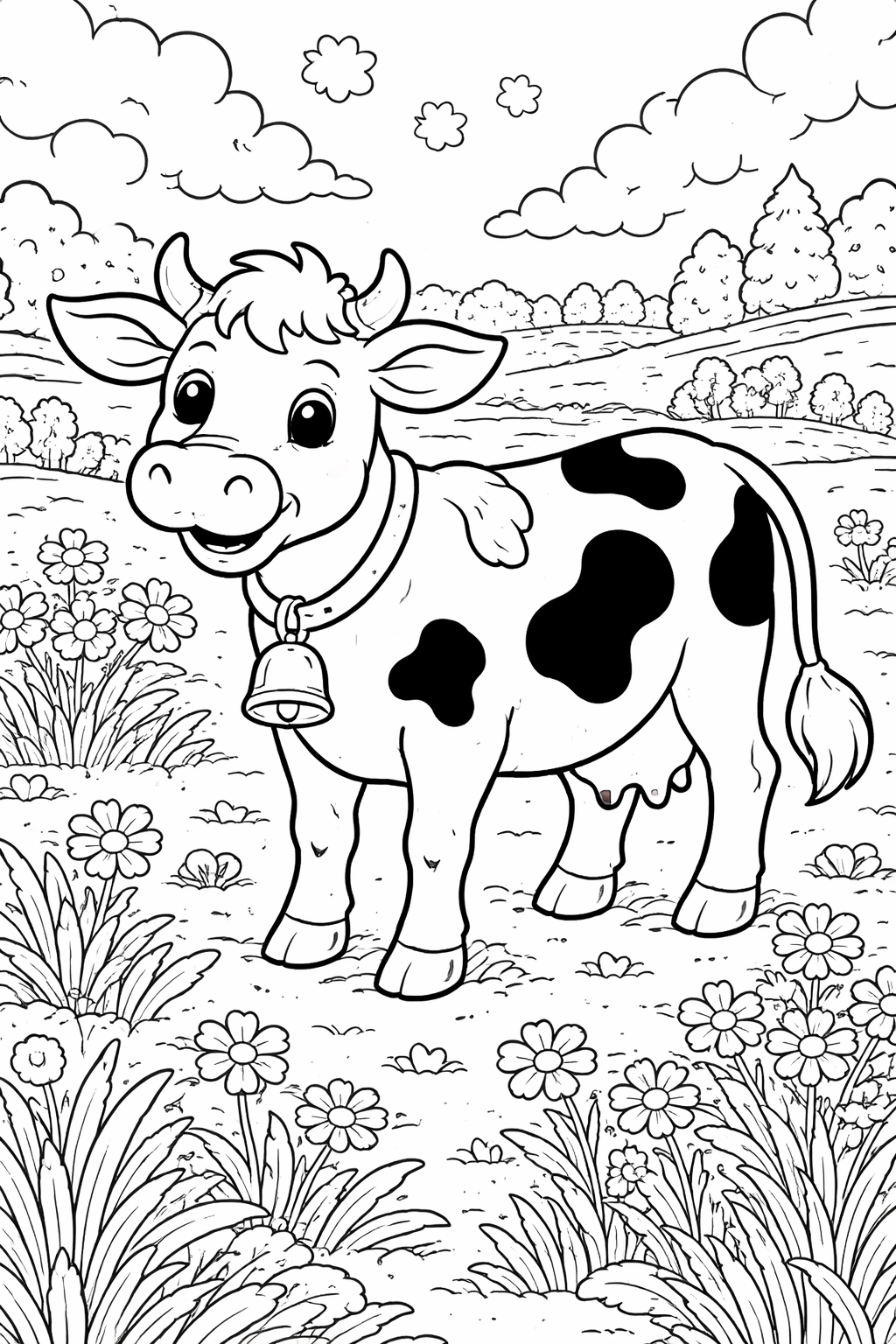 A happy cow stands in a lush farm scene with flowers and trees, inviting children to color the picturesque landscape. The scene captures nature's beauty and the cow's cheerful expression, providing a delightful coloring experience for kids exploring farm life.
