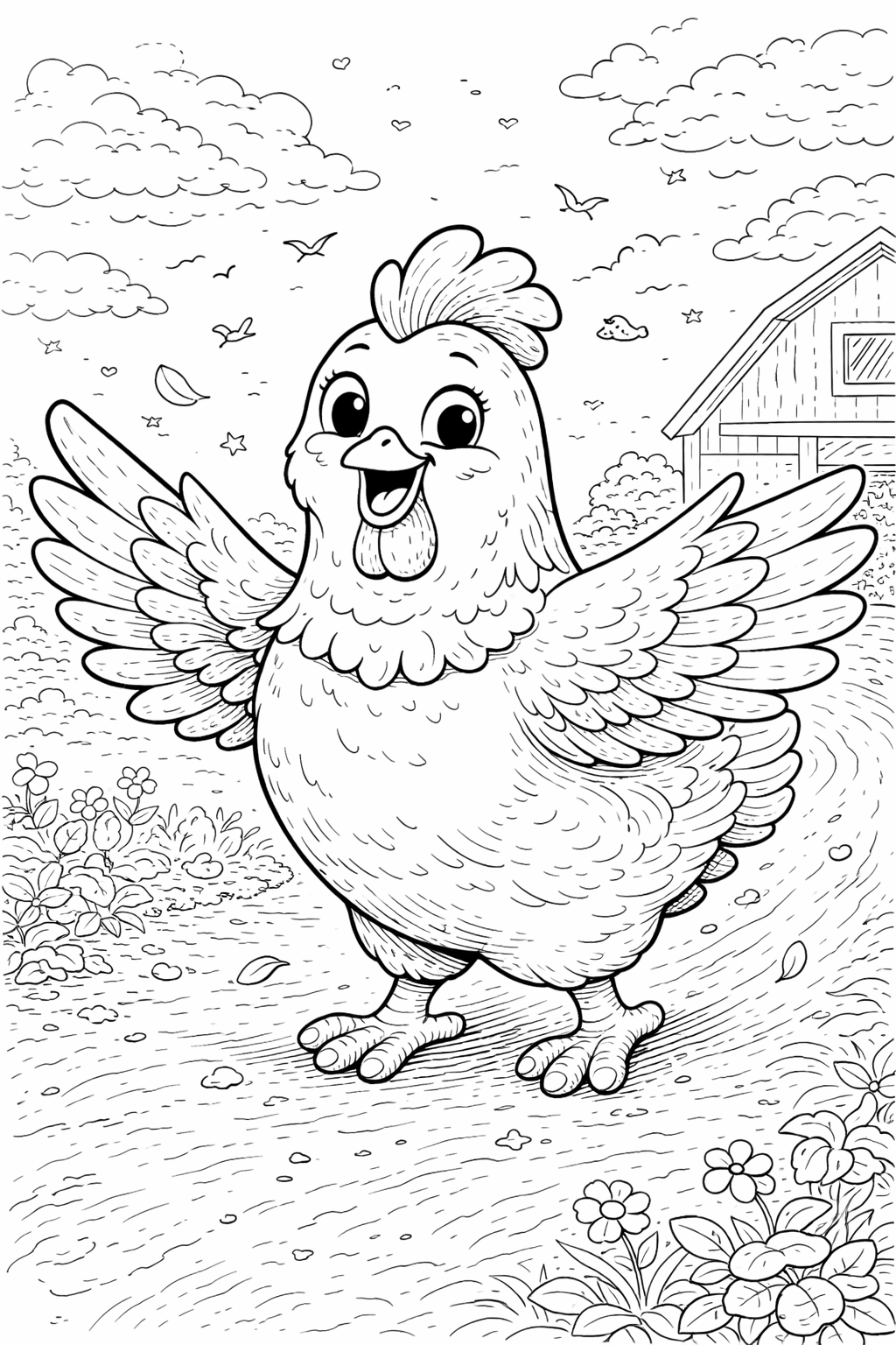 Coloring page showing a happy chicken on a farm. The scene includes a barn, flowers, and fluffy clouds, ideal for children's creativity and fun.