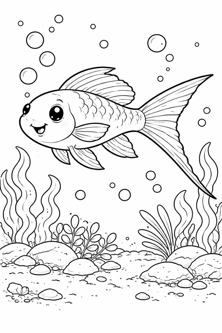 A joyful fish swims among bubbles and plants in an underwater scene, perfect for kids to color and bring to life with their imagination.