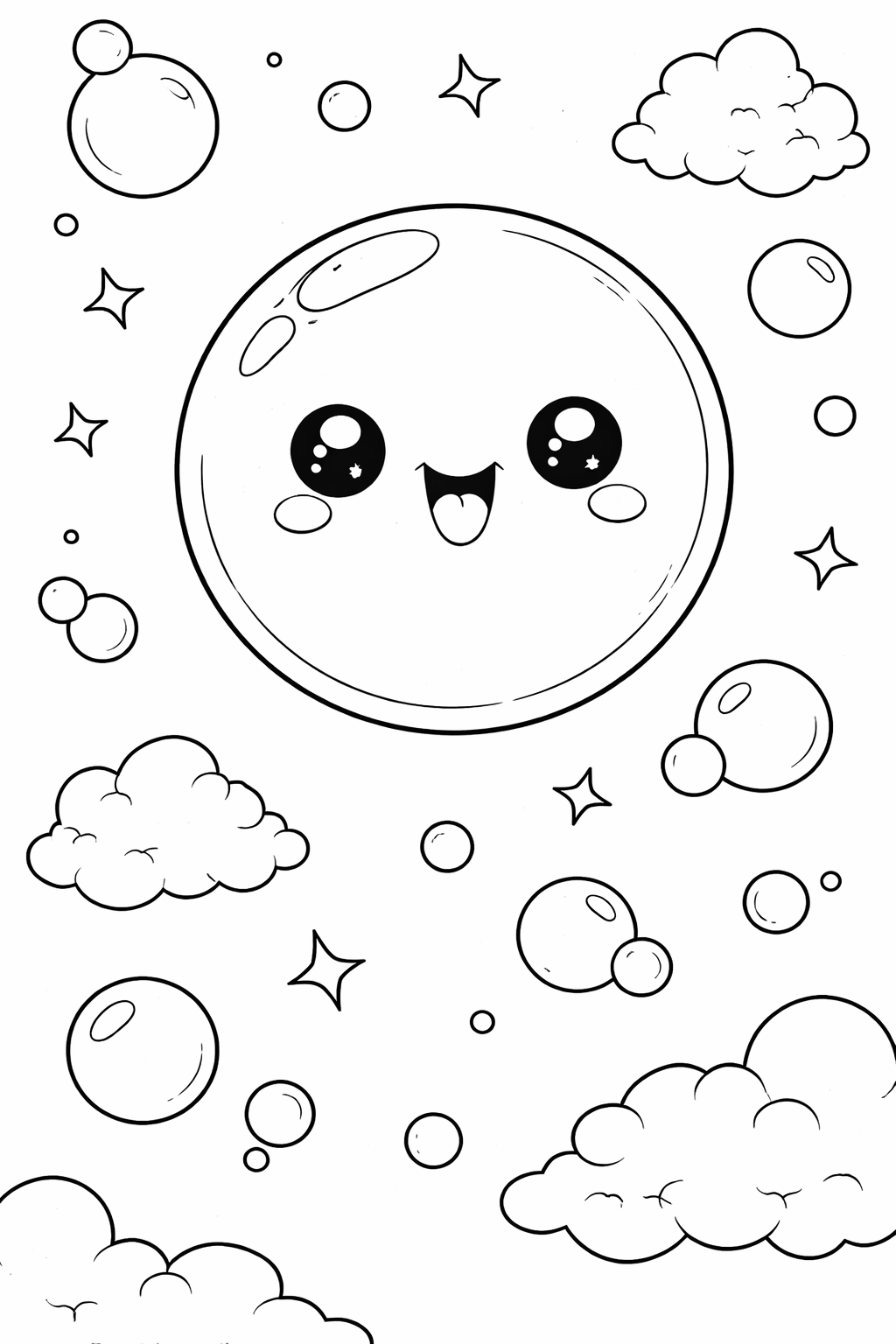 A coloring page depicting a happy moon surrounded by various bubbles, fluffy clouds, and twinkling stars, designed for children to color.