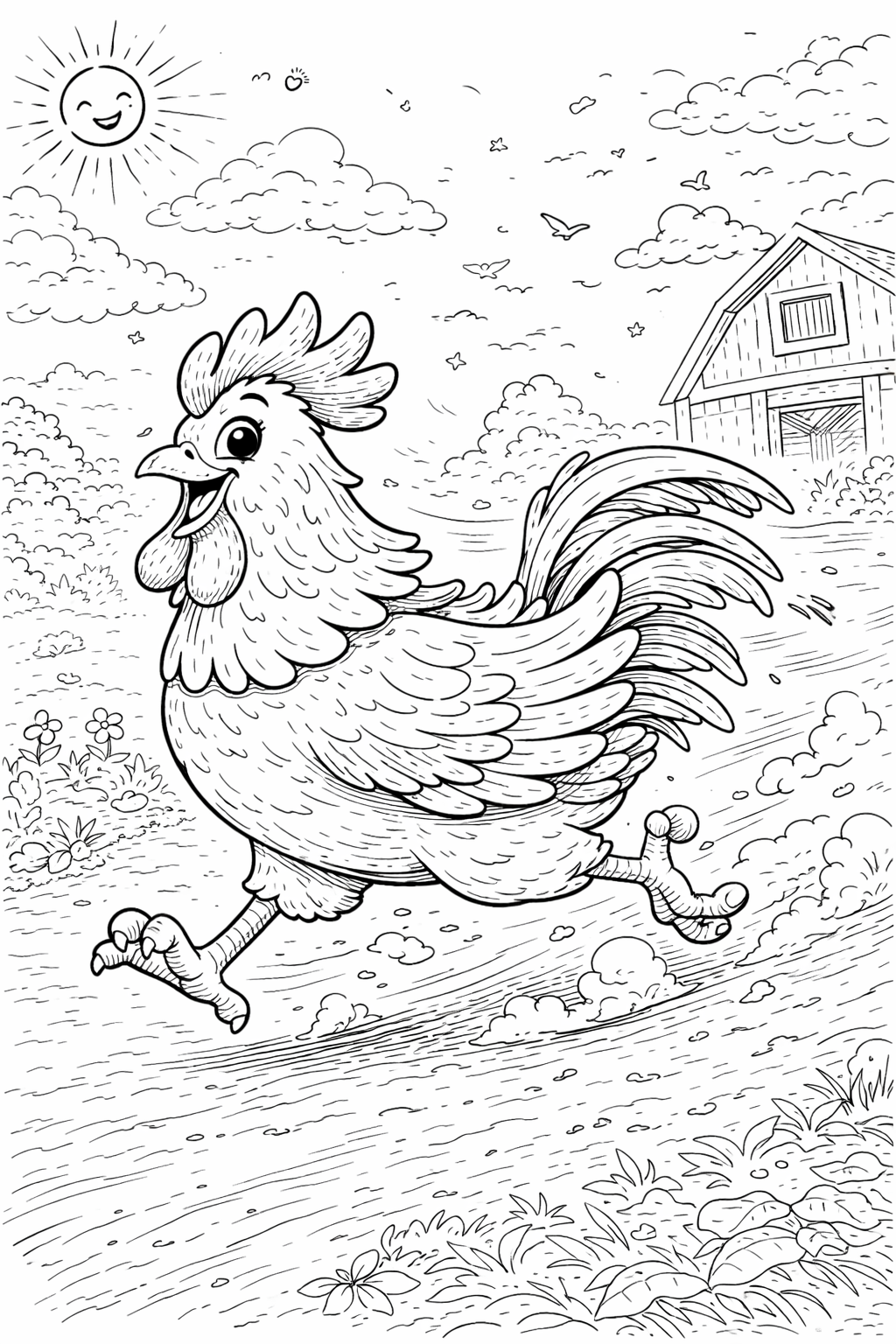 Illustration of a cheerful rooster running on a farm, with a smiling sun and clouds in the sky. A barn sits in the background, surrounded by hills and birds, offering kids a delightful farm-themed coloring page.