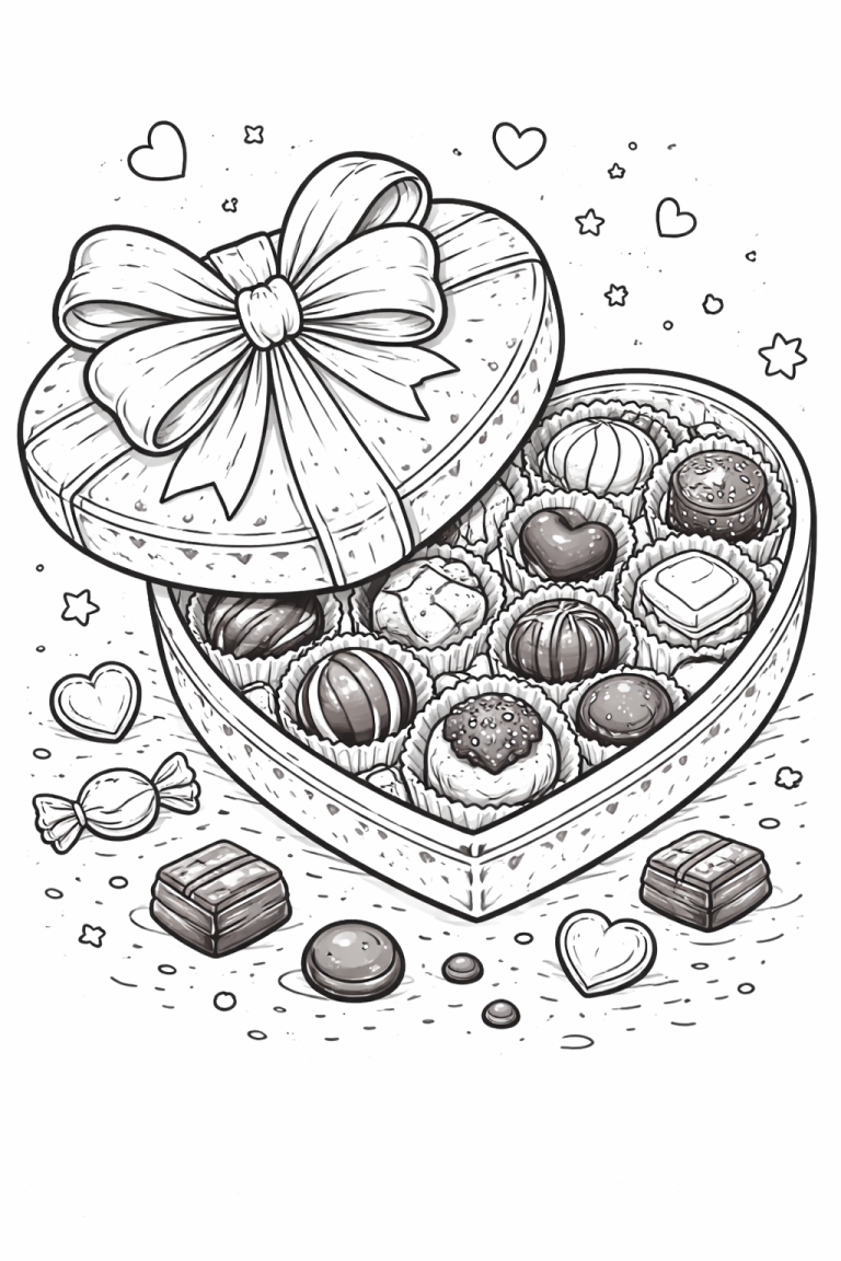 A heart-shaped box overflowing with detailed chocolates awaits coloring. Adorned with a large ribbon, the page invites young artists to explore their creativity with vibrant colors, perfect for Valentine’s Day themes.