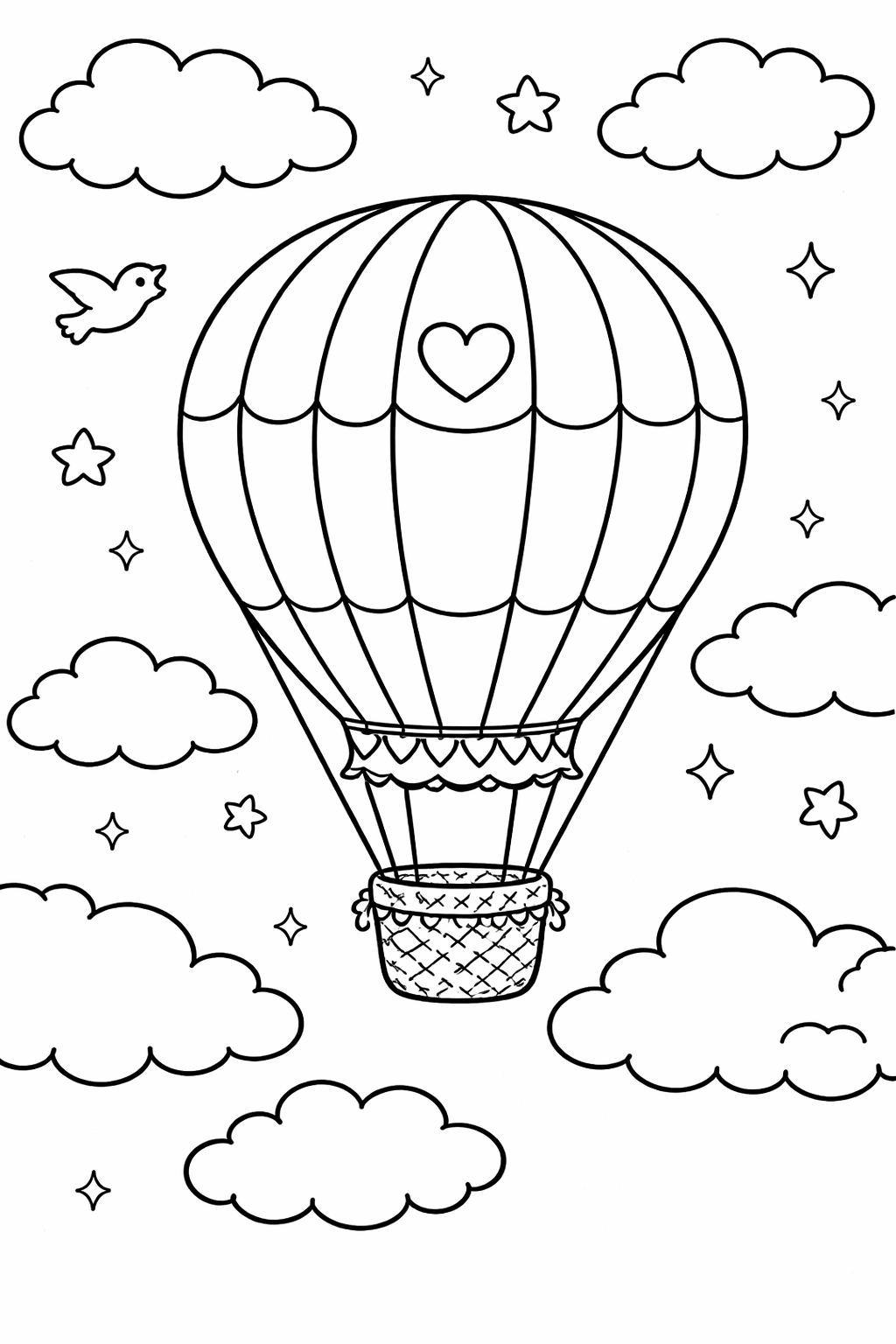 Hot air balloon coloring page with clouds and stars